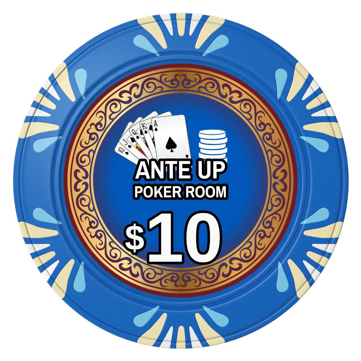 Ante Up Poker Room Clay Poker Chips - Blue / Macau / 40mm - Front