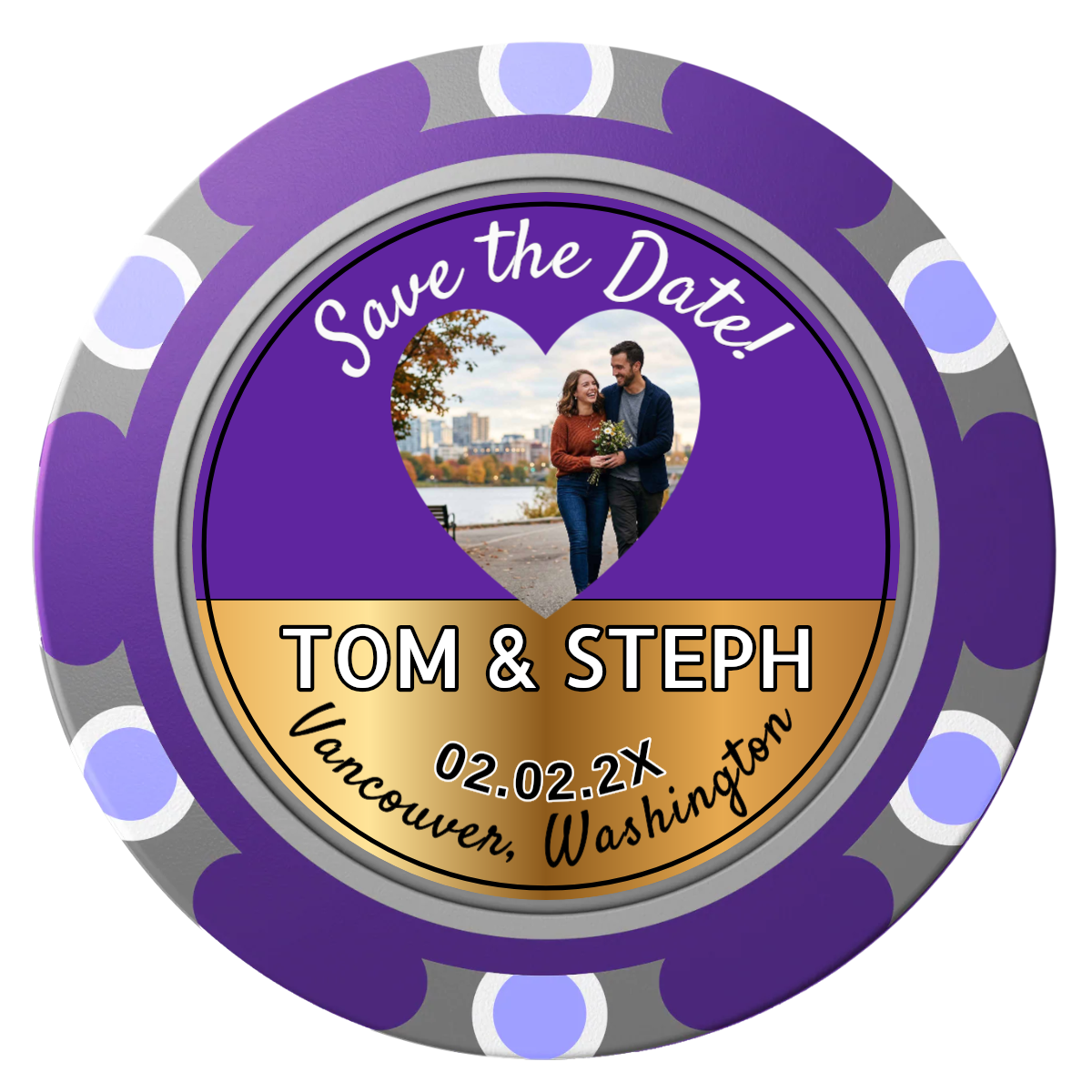 Save the Date Hearts Clay Poker Chips - Purple / Monte Carlo / 40mm - Front