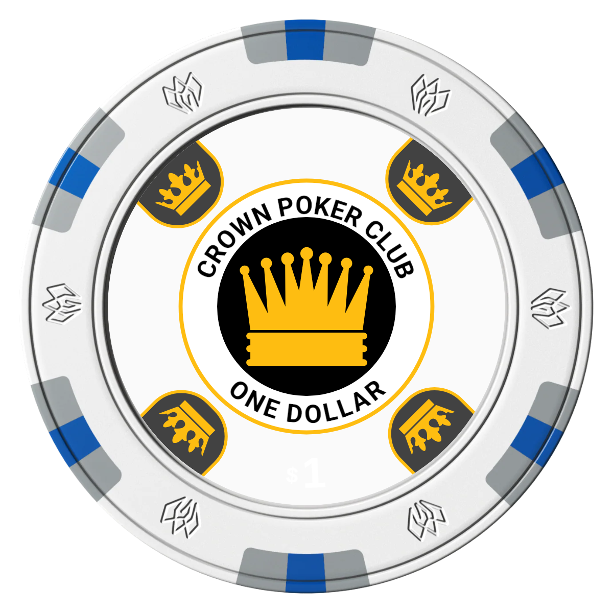 Crown Card Room Clay Poker Chips - White / 6 Spot Gem / 43mm - Front