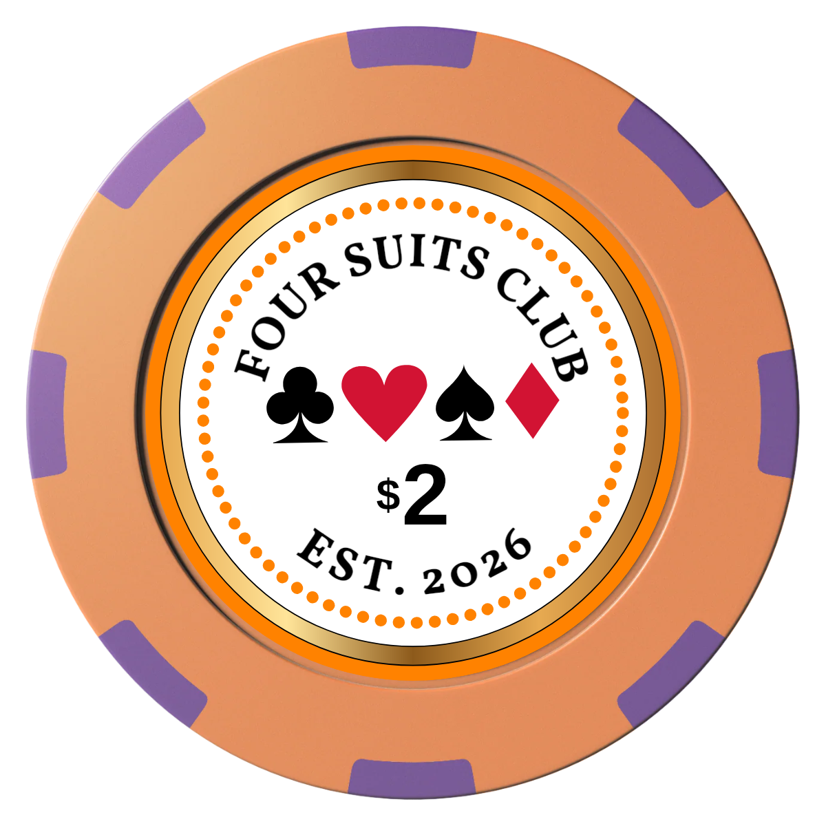 Fours Suits Club Clay Poker Chips - Orange / 8 Spot (2 Tone) / 40mm - Front