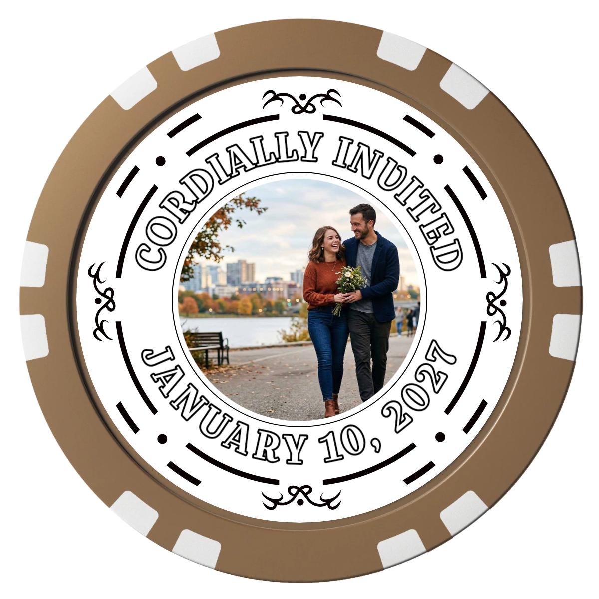 Save the Date Element Composite Poker Chips - Brown / Double Stripe - Front