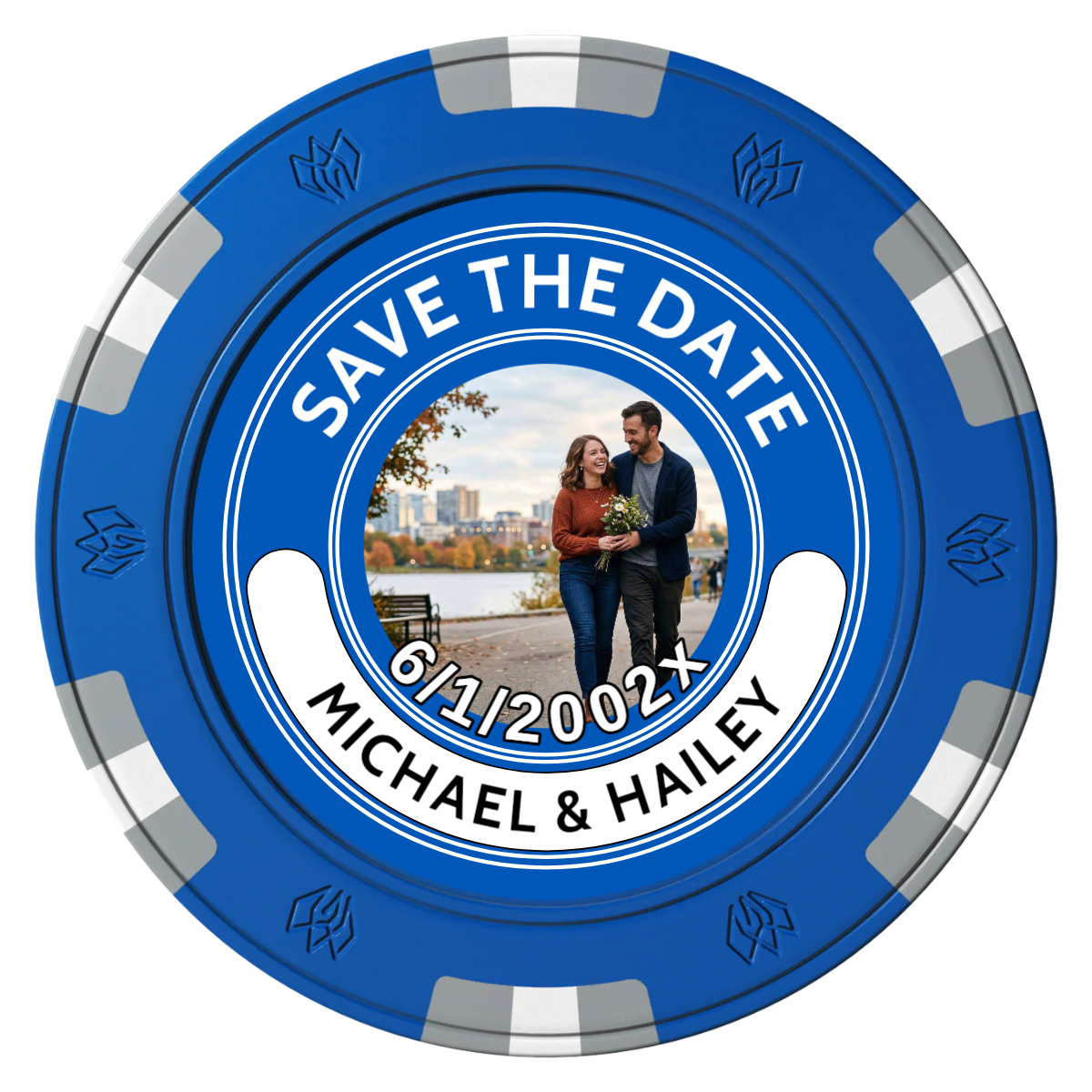 Save the Date Photo QR Code Clay Poker Chips - Blue / 6 Spot Gem / 43mm - Front