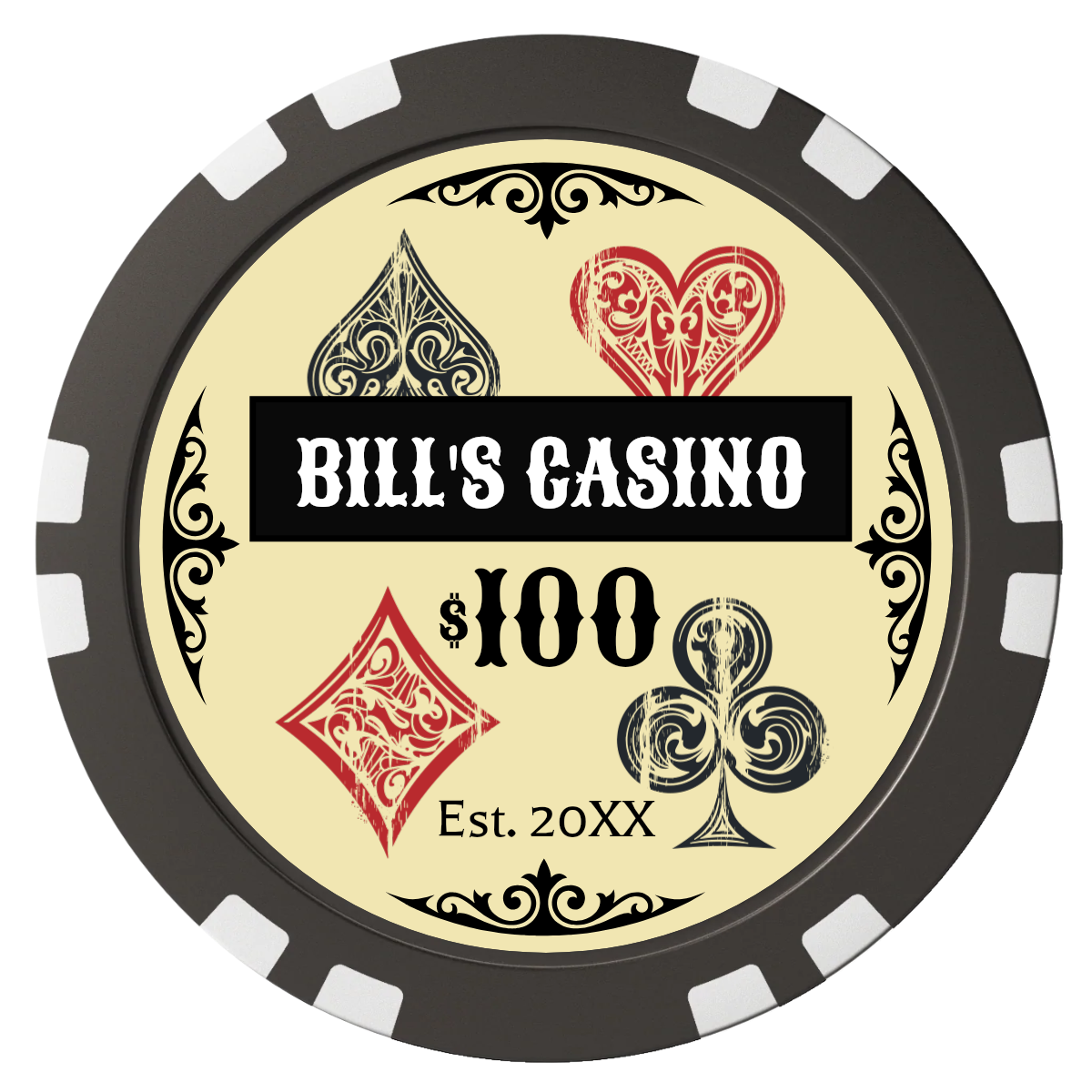 Vintage Four Suits Composite Poker Chips - Black / Double Stripe - Front