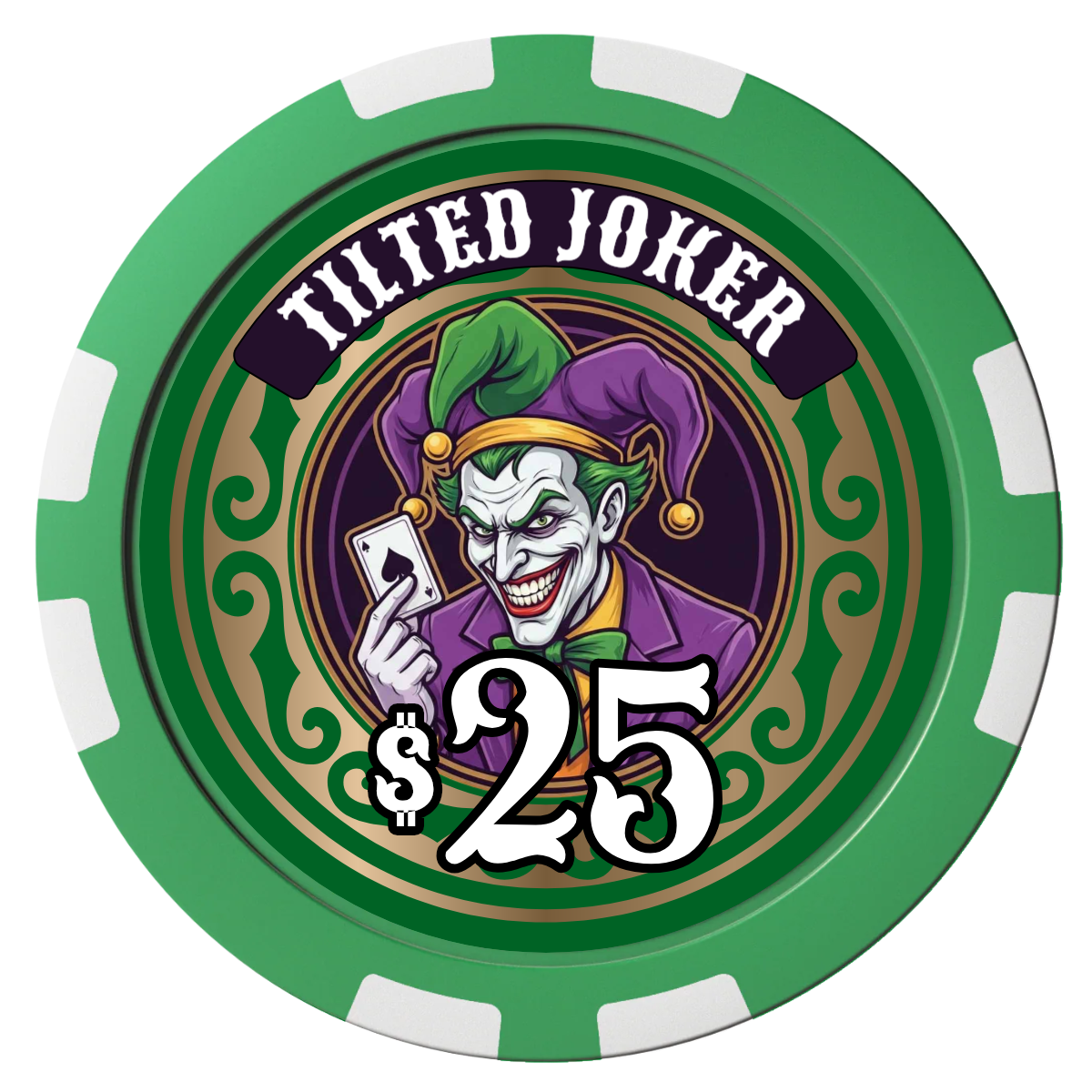 Tilted Joker Composite Poker Chips - Green / 8 Stripe - Front