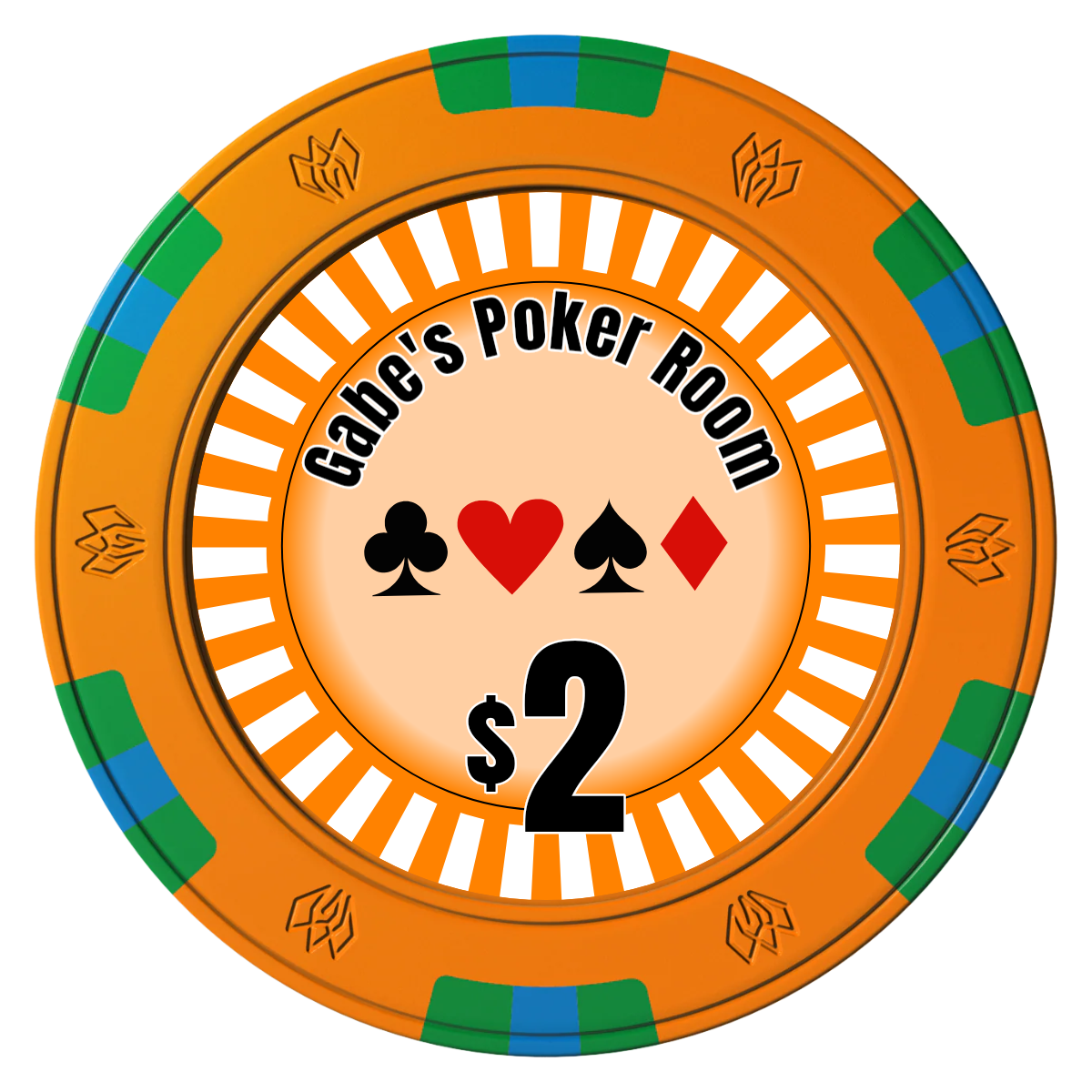 Gabe's Poker Room Clay Poker Chips - Orange / 6 Spot Gem / 40mm - Front