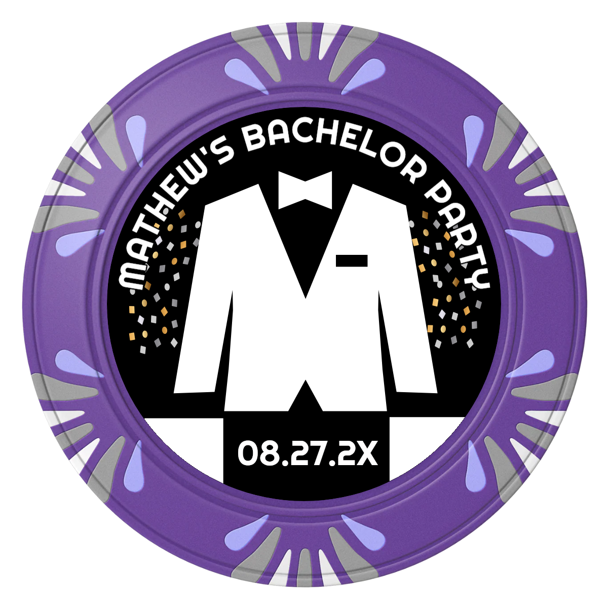 Bachelor No More Bowtie Clay Poker Chips - Purple / Macau / 40mm - Front