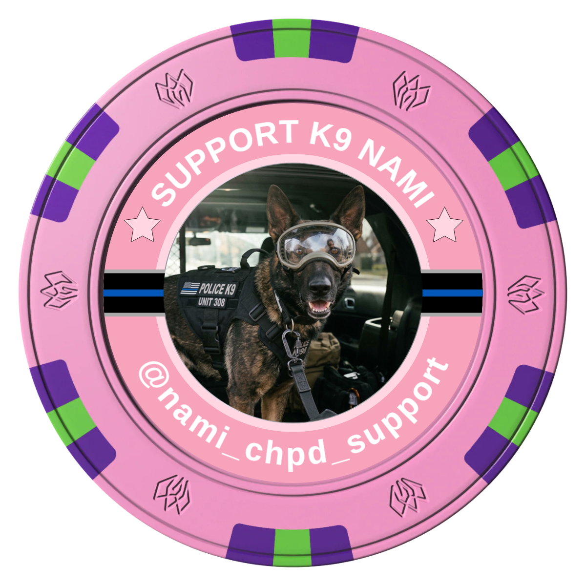 Police Department K9 #02 Clay Poker Chips - Pink / 6 Spot Gem / 43mm - Front