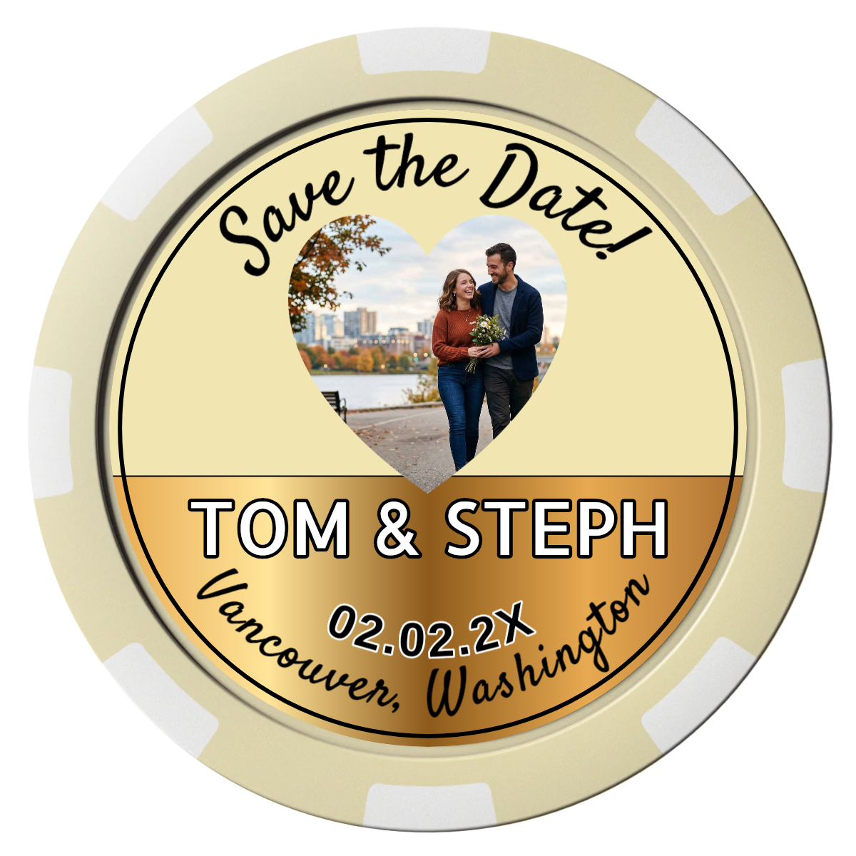 Save the Date Hearts Magnetic Composite Poker Chips - Ivory / 8 Spot - Front