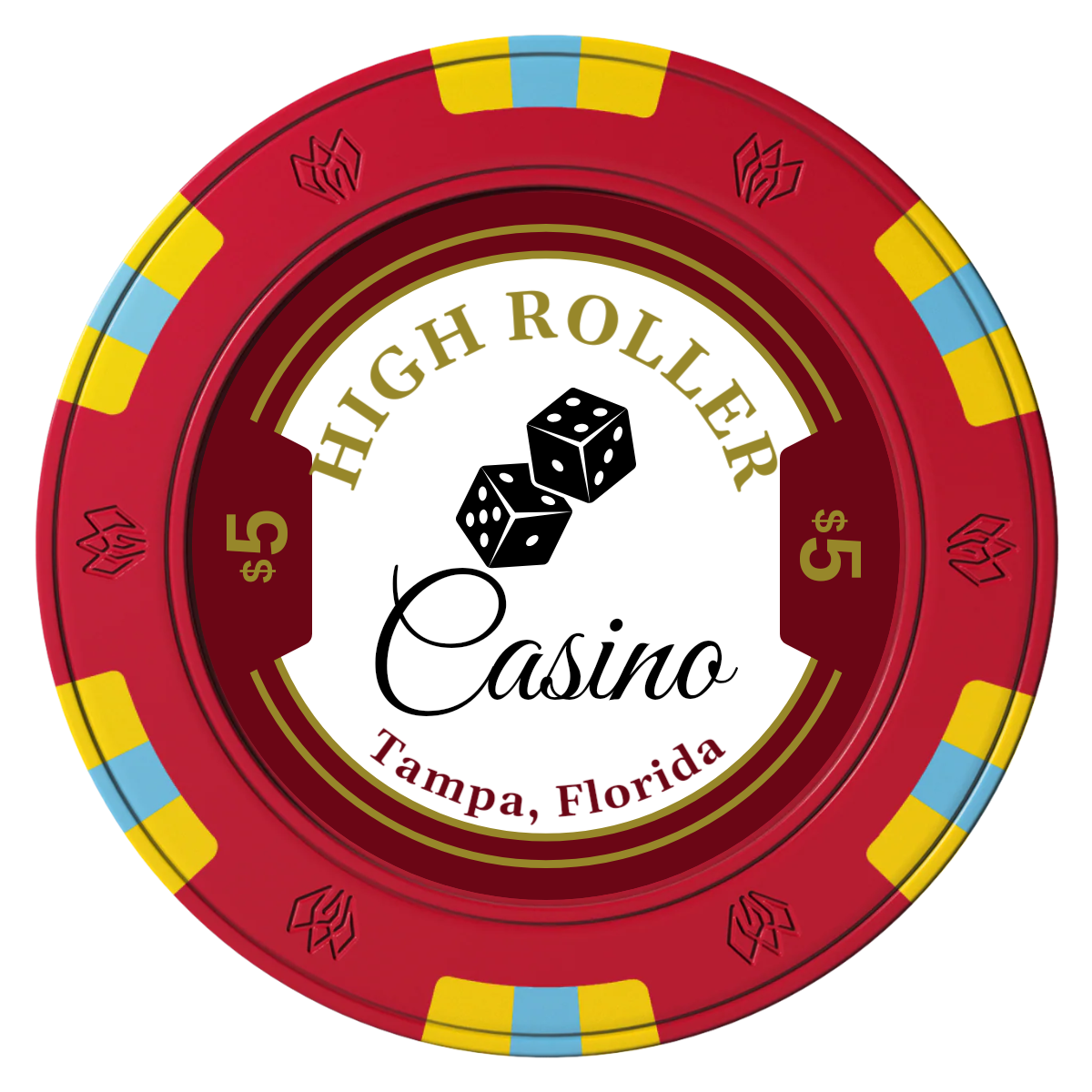 High Roller Casino Clay Poker Chips - Red / 6 Spot Gem / 43mm - Front