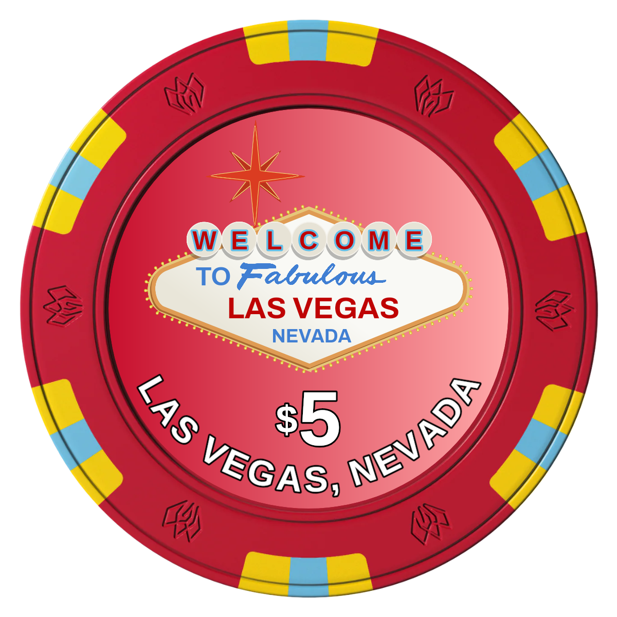 Vegas Sign Clay Poker Chips - Red / 6 Spot Gem / 43mm - Front