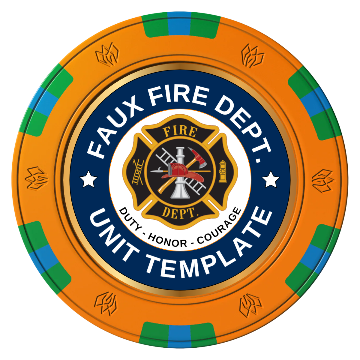 Faux Fire Dept. #01 Clay Poker Chips - Orange / 6 Spot Gem / 43mm - Front