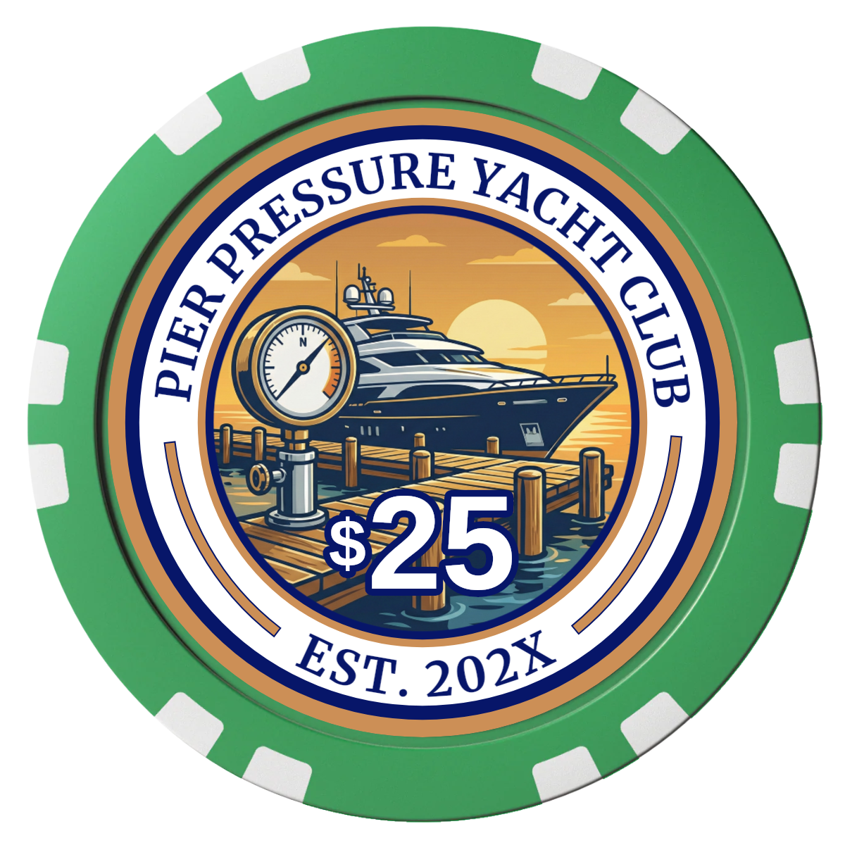 Anchor Down Card Room Composite Poker Chips - Green / Double Stripe - Front