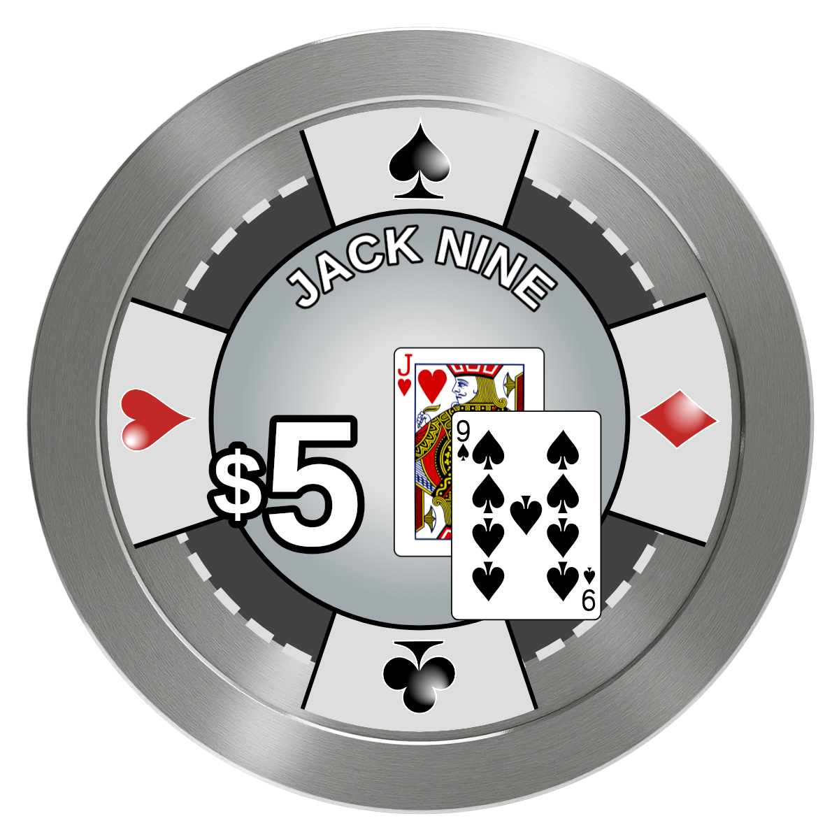 Jack Nine Card Room Aluminum Poker Chips - Silver - Front