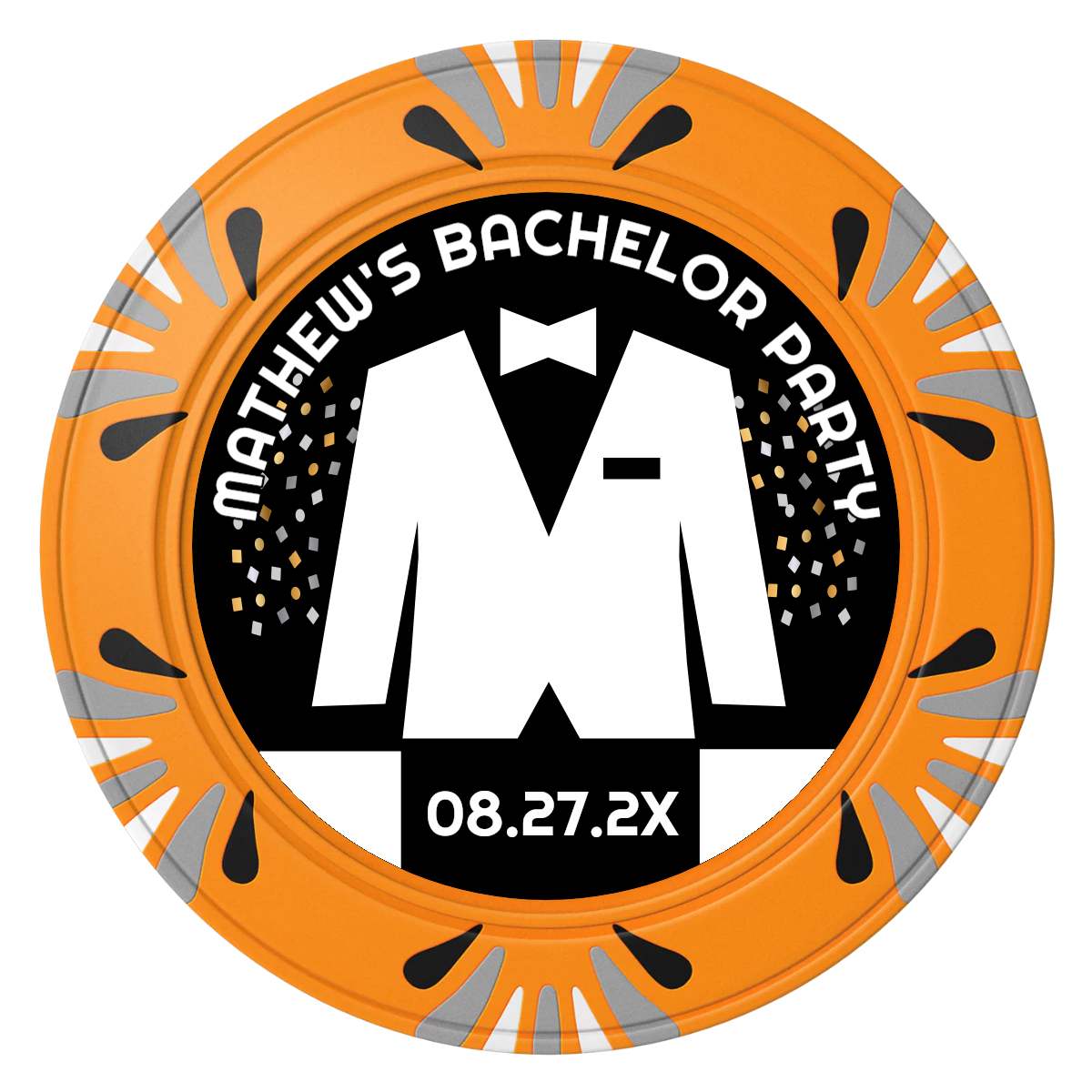 Bachelor No More Bowtie Clay Poker Chips - Orange / Macau / 40mm - Front