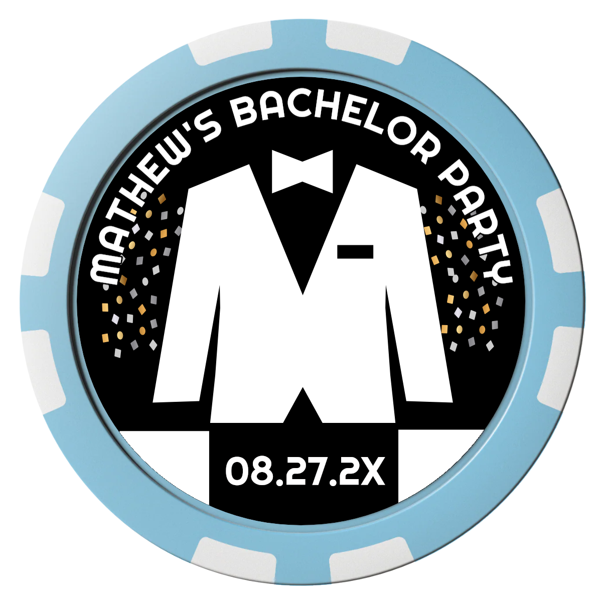 Bachelor No More Bowtie Composite Poker Chips - Light Blue / 8 Stripe - Front