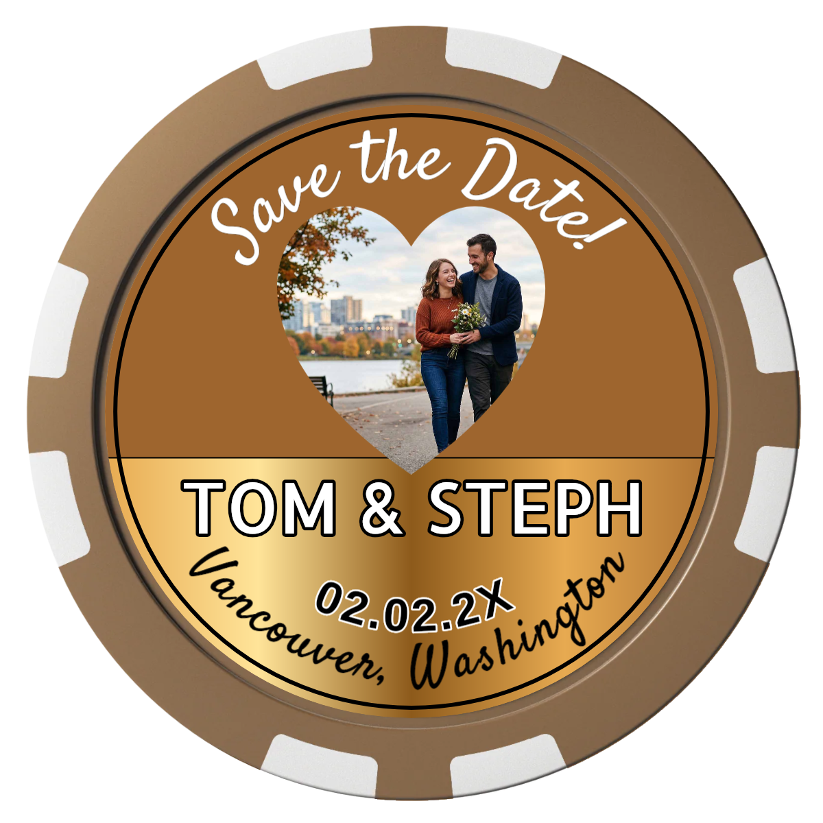 Save the Date Hearts Composite Poker Chips - Brown / 8 Stripe - Front