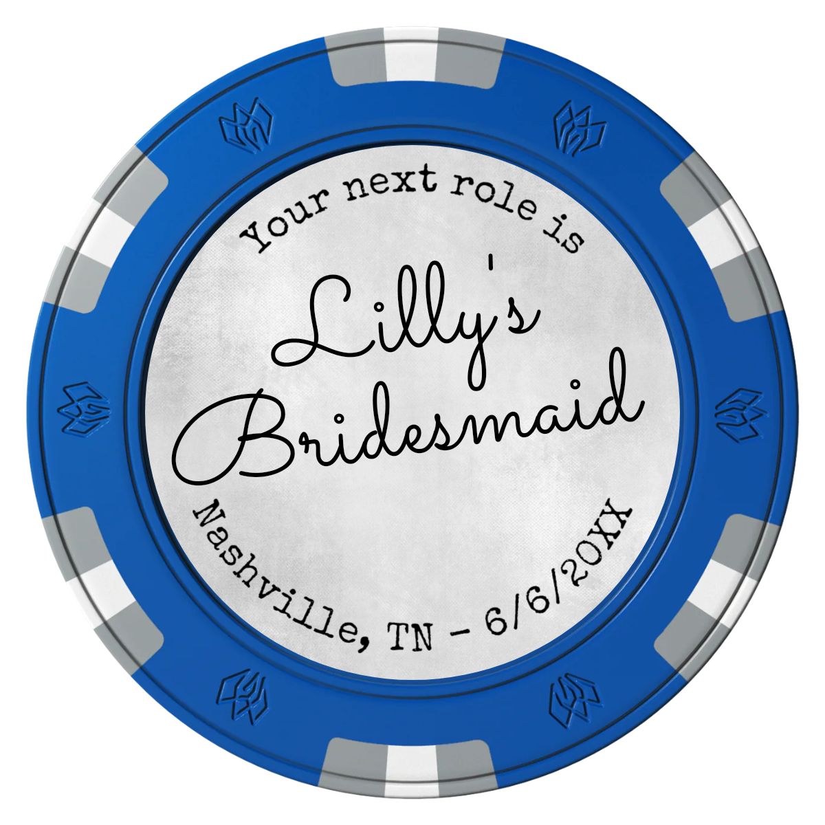 Be My Bridesmaid Simple Clay Poker Chips - Blue / 6 Spot Gem / 40mm - Front