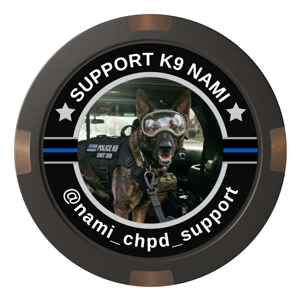 Police Department K9 #02 Composite & Metal Hybrid Poker Chips - Black - Front
