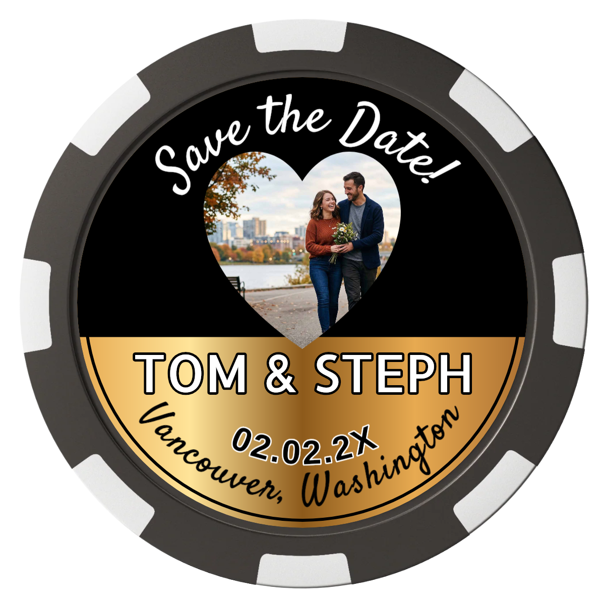 Save the Date Hearts Magnetic Composite Poker Chips - Black / 8 Spot - Front
