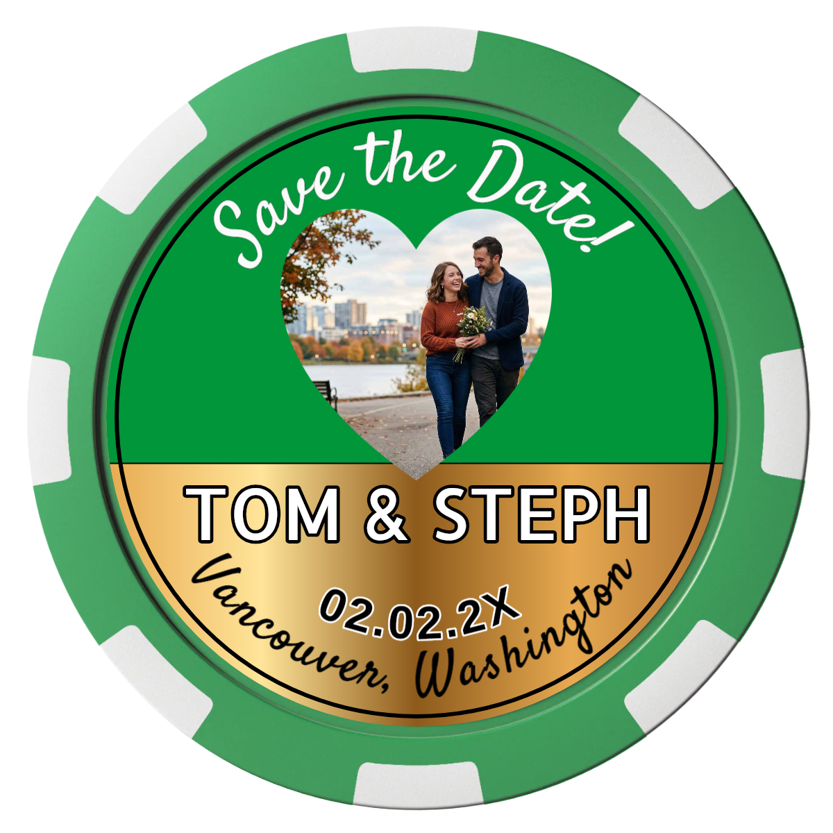 Save the Date Hearts Composite Poker Chips - Green / 8 Spot - Front