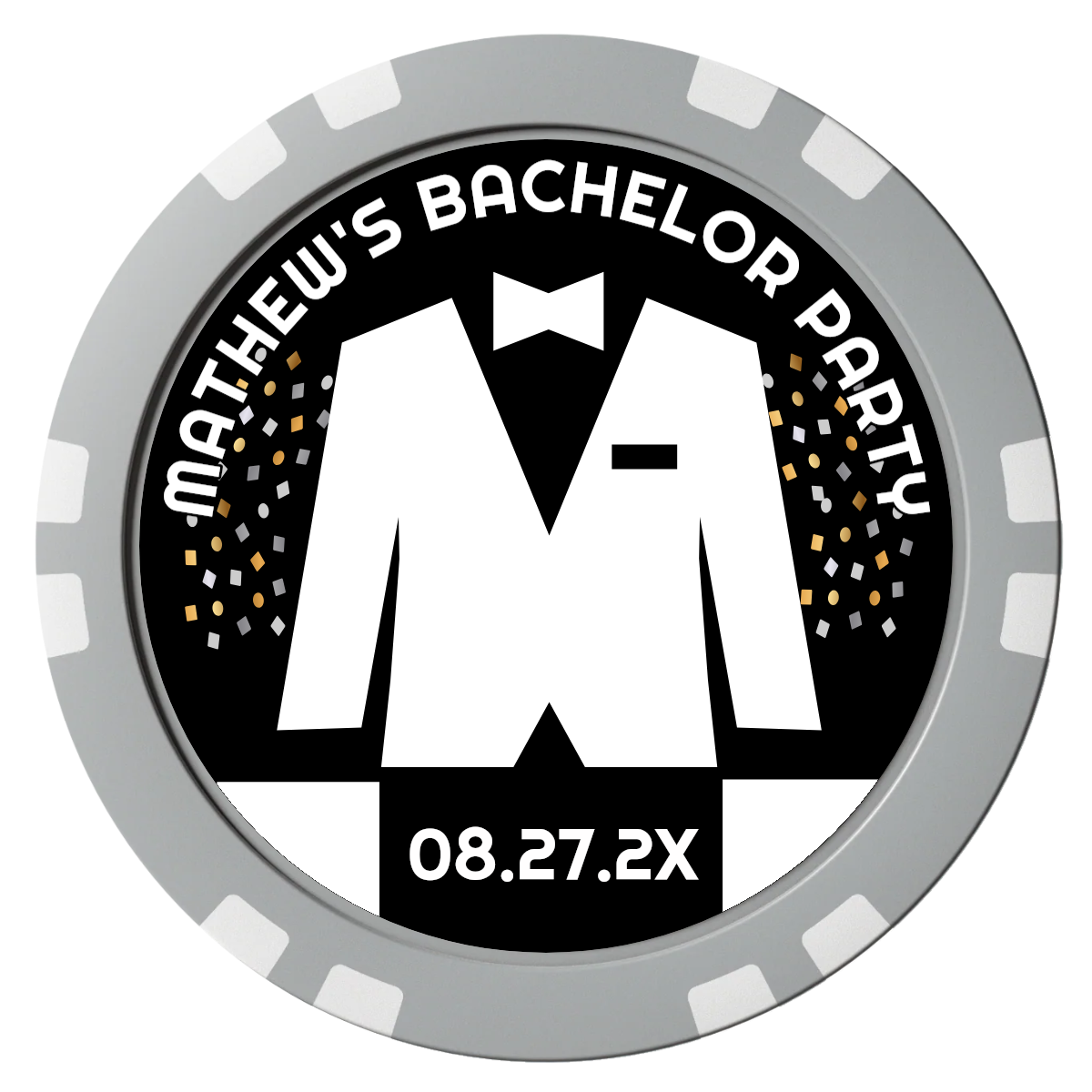 Bachelor No More Bowtie Composite Poker Chips - Gray / Double Stripe - Front