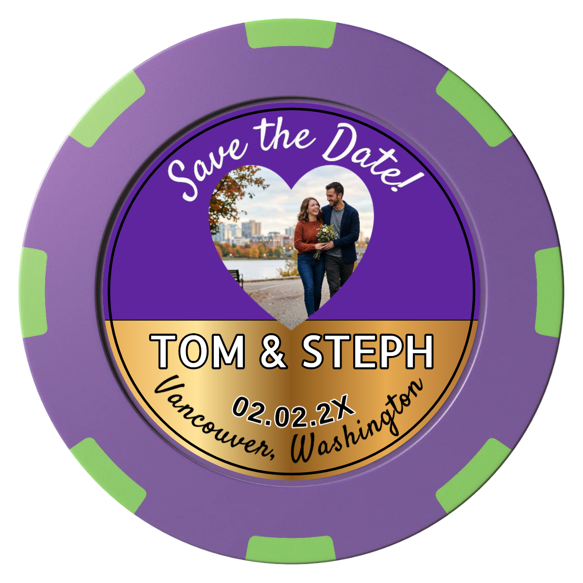 Save the Date Hearts Clay Poker Chips - Purple / 8 Spot (2 Tone) / 40mm - Front