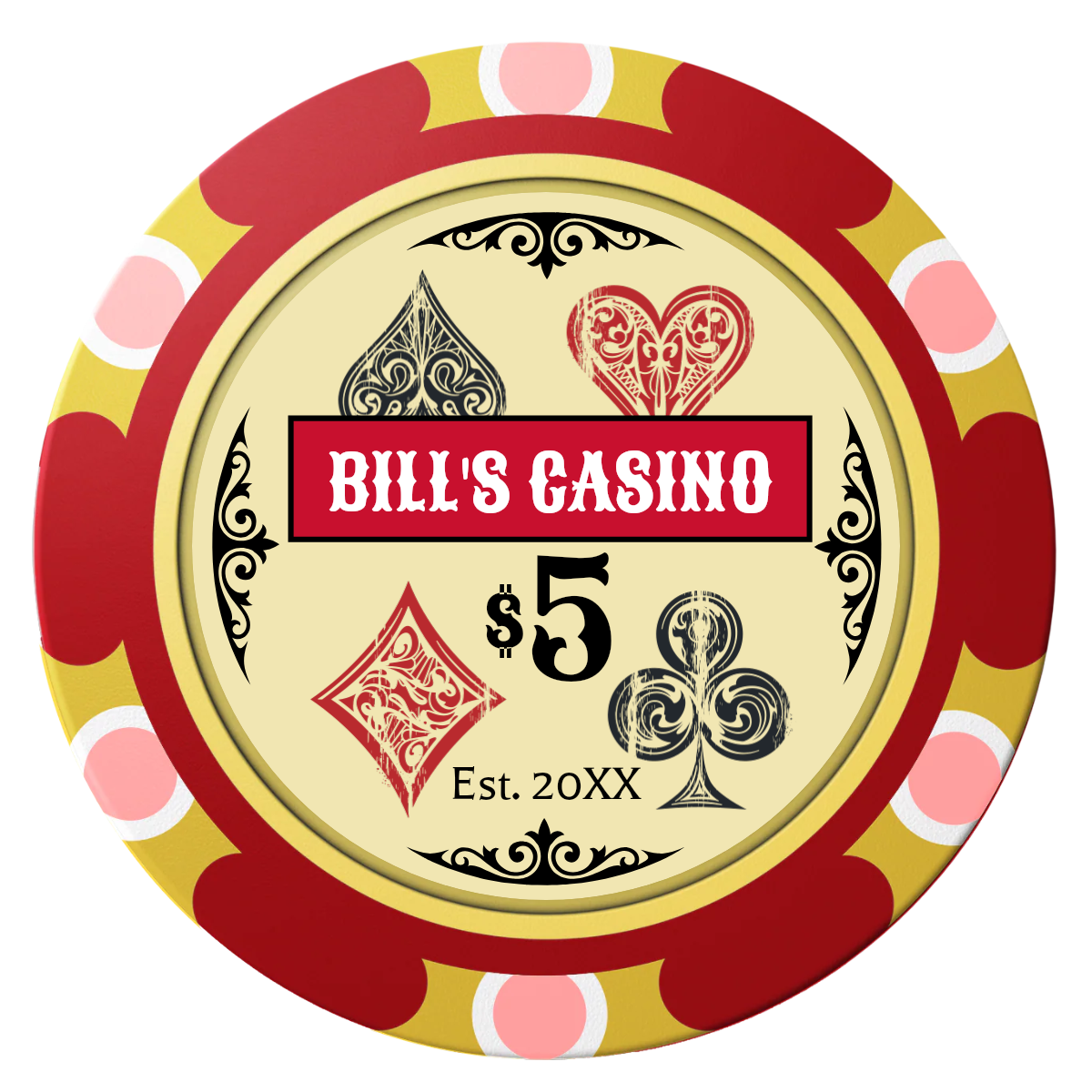 Vintage Four Suits Clay Poker Chips - Red / Monte Carlo / 40mm - Front