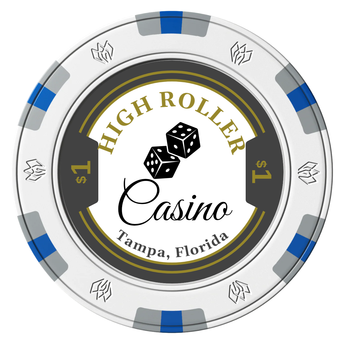 High Roller Casino Clay Poker Chips - White / 6 Spot Gem / 43mm - Front