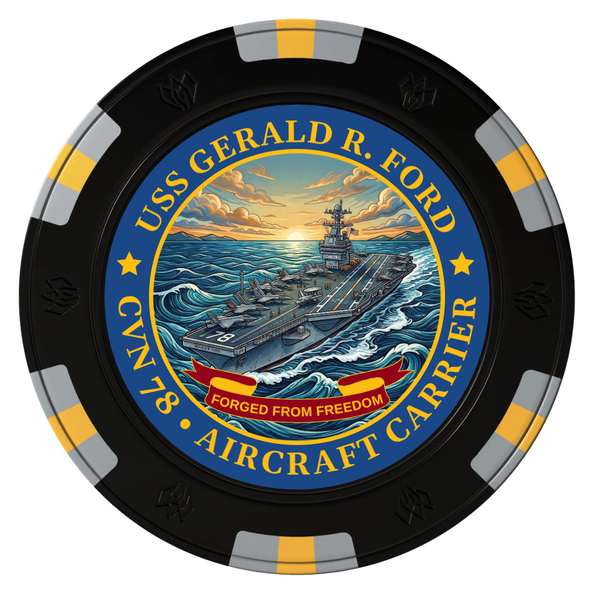 Navy USS Gerald Ford Clay Poker Chips - Black / 6 Spot Gem / 40mm - Front