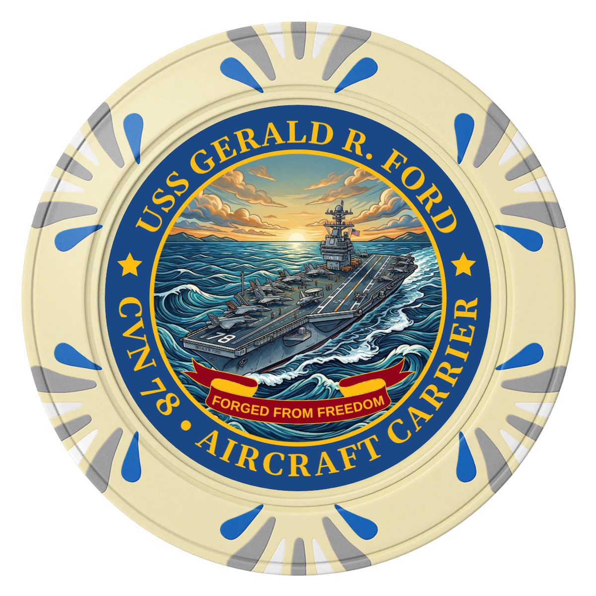 Navy USS Gerald Ford Clay Poker Chips - Ivory / Macau / 40mm - Front