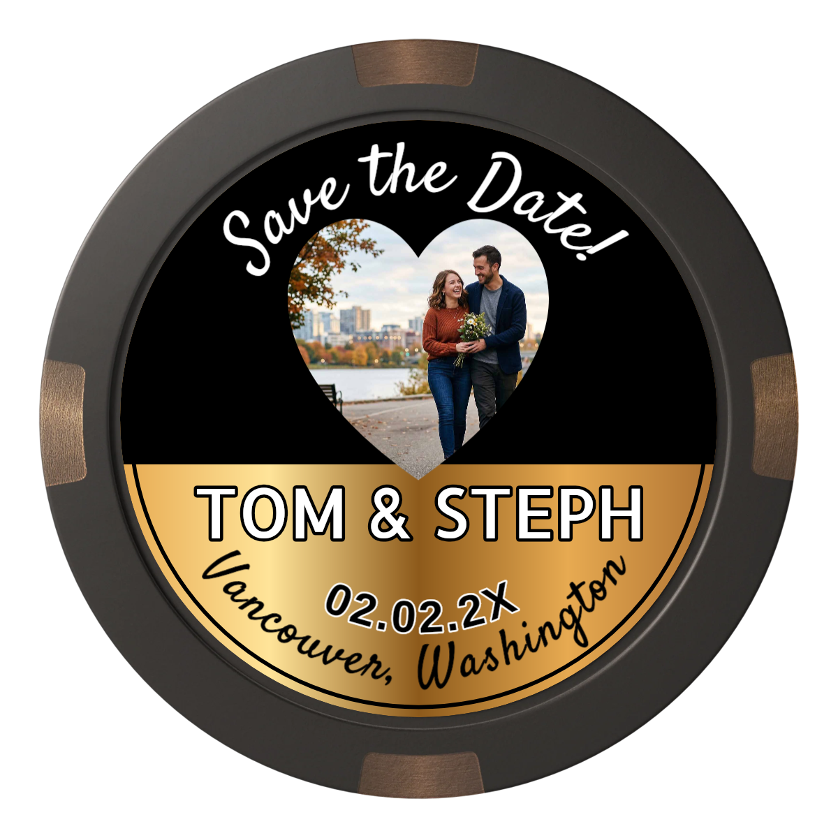 Save the Date Hearts Composite & Metal Hybrid Poker Chips - Black - Back