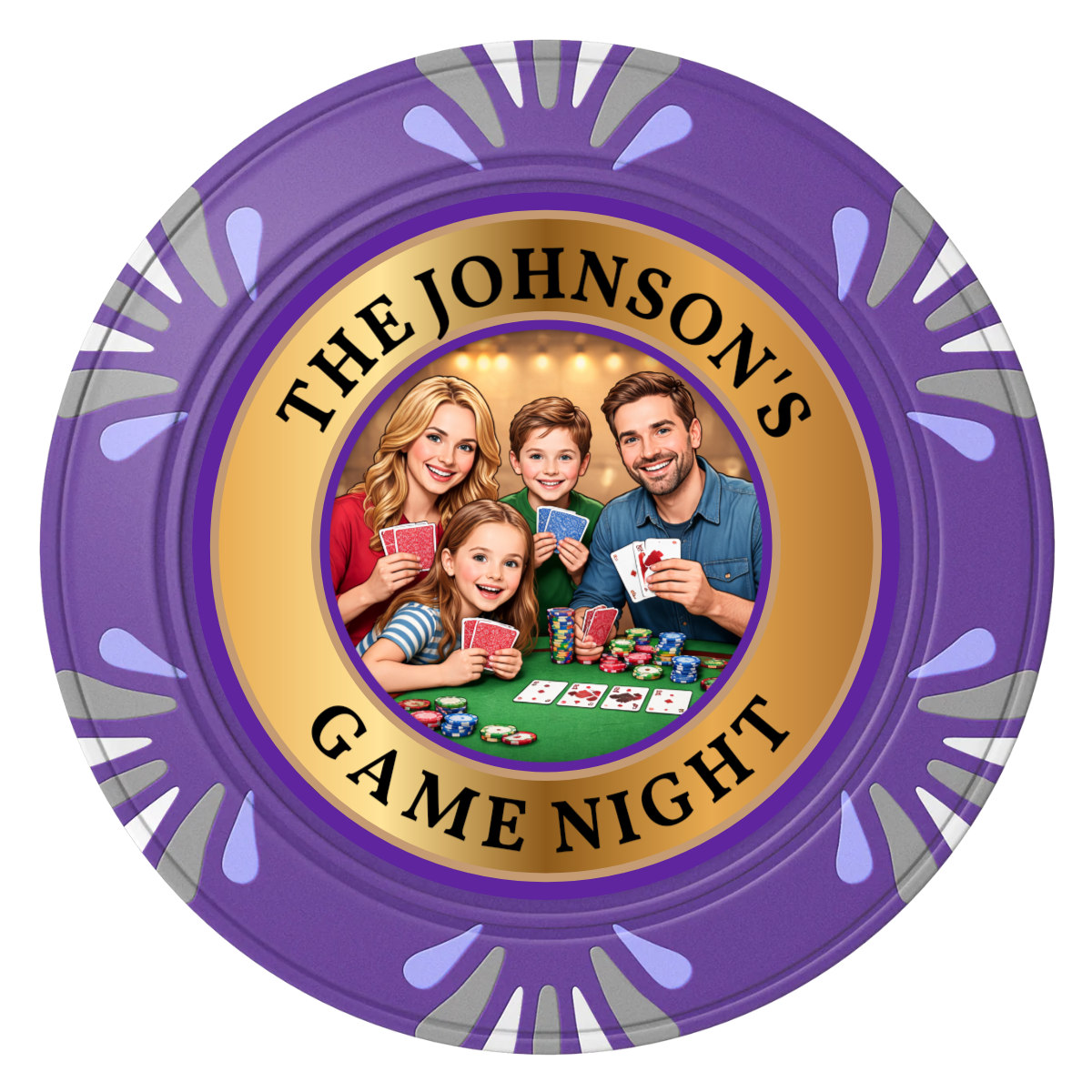 Family Game Night Clay Poker Chips - Purple / Macau / 40mm - Front