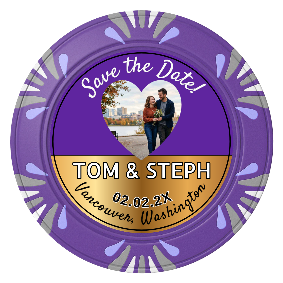 Save the Date Hearts Clay Poker Chips - Purple / Macau / 40mm - Front