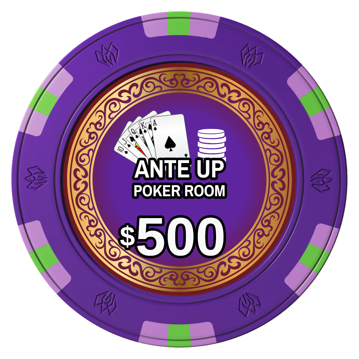 Ante Up Poker Room Clay Poker Chips - Purple / 6 Spot Gem / 40mm - Front