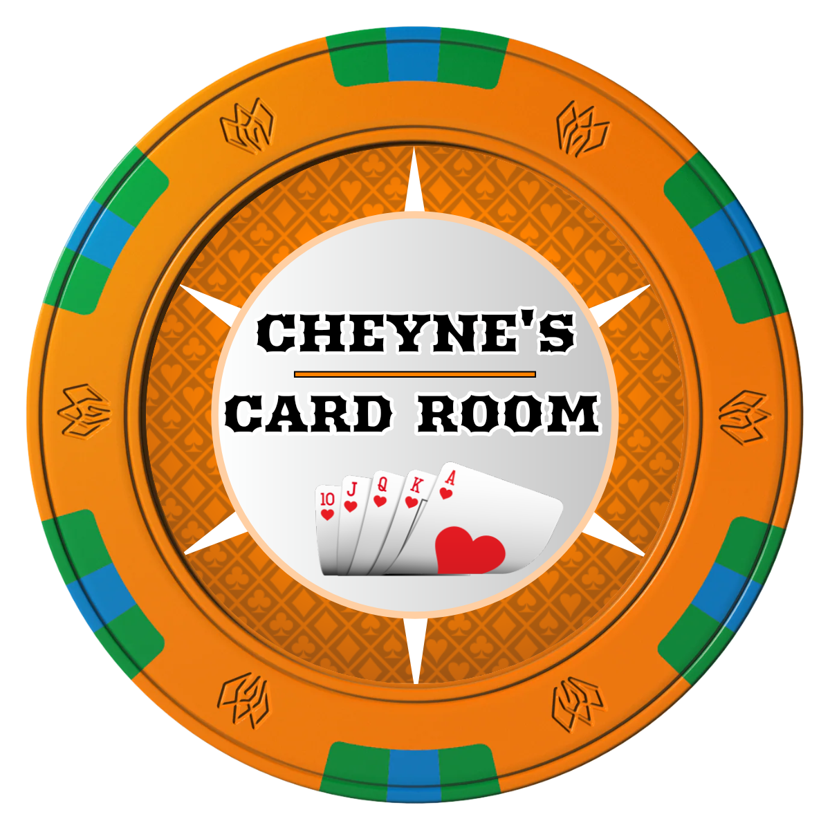 Cheyne's Card Room Clay Poker Chips - Orange / 6 Spot Gem / 40mm - Front