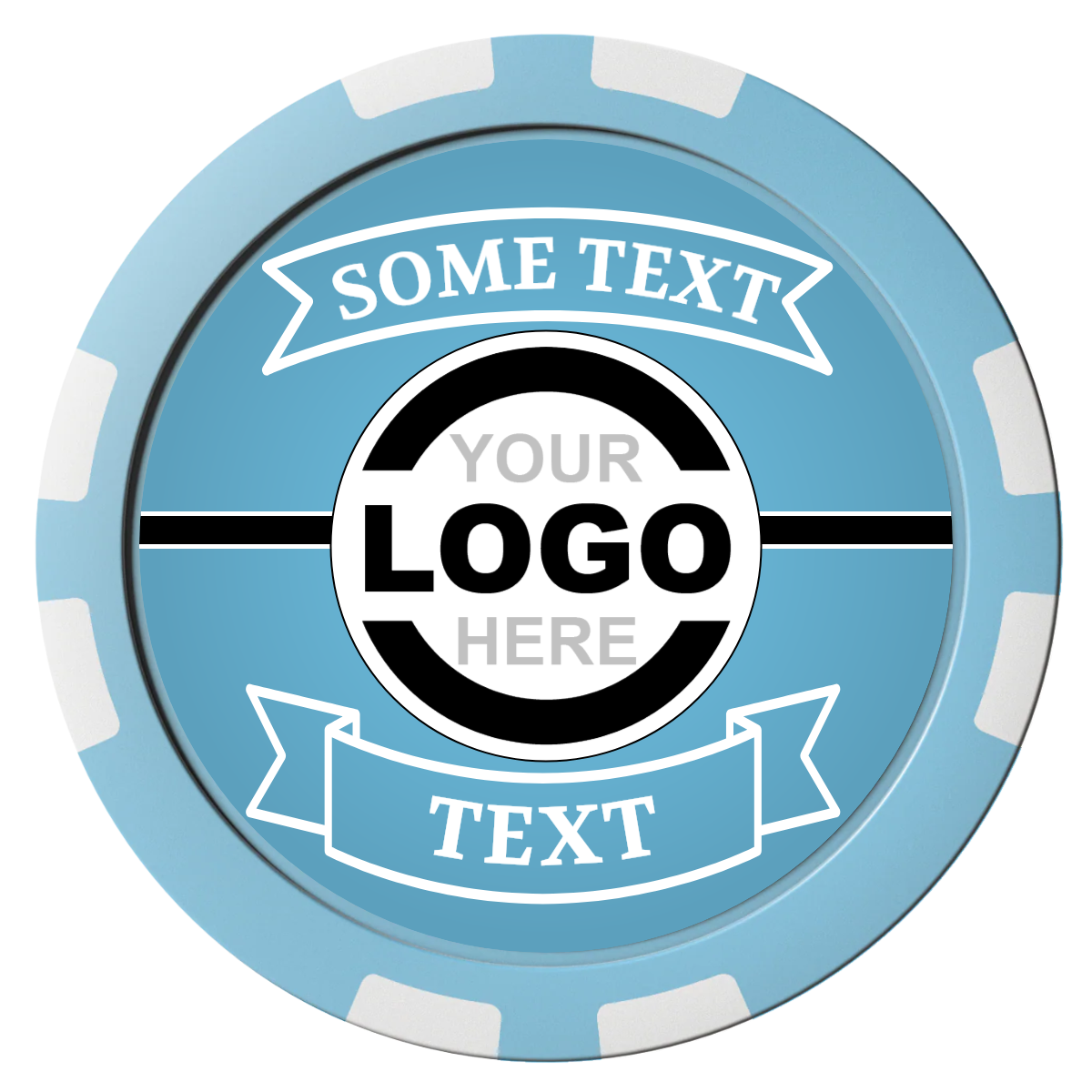 Double Banner Composite Poker Chips - Light Blue / 8 Stripe - Front