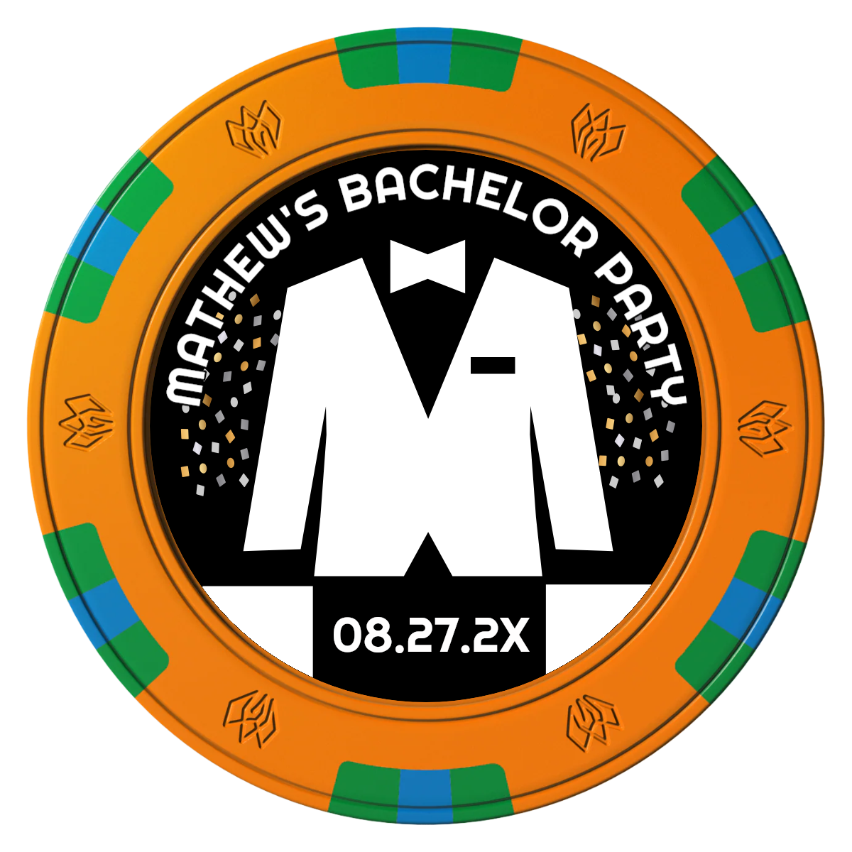 Bachelor No More Bowtie Clay Poker Chips - Orange / 6 Spot Gem / 43mm - Front