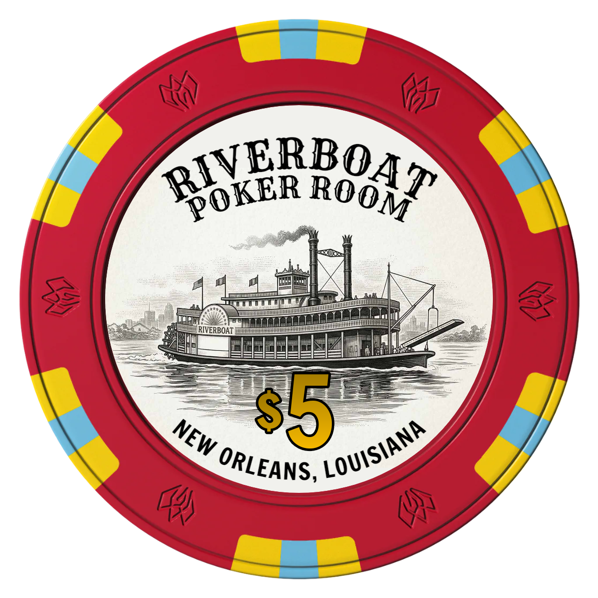 Riverboat Poker Room Clay Poker Chips - Red / 6 Spot Gem / 40mm - Front
