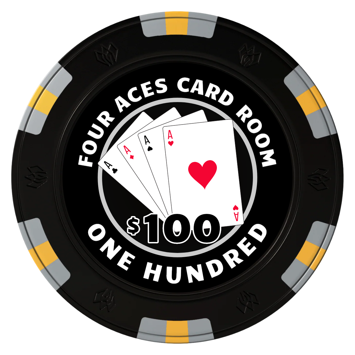 4 Aces Poker Room Clay Poker Chips - Black / 6 Spot Gem / 40mm - Front