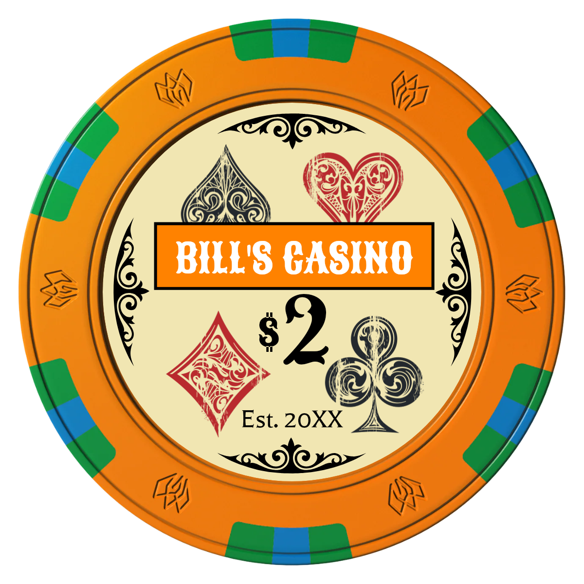 Vintage Four Suits Clay Poker Chips - Orange / 6 Spot Gem / 40mm - Front