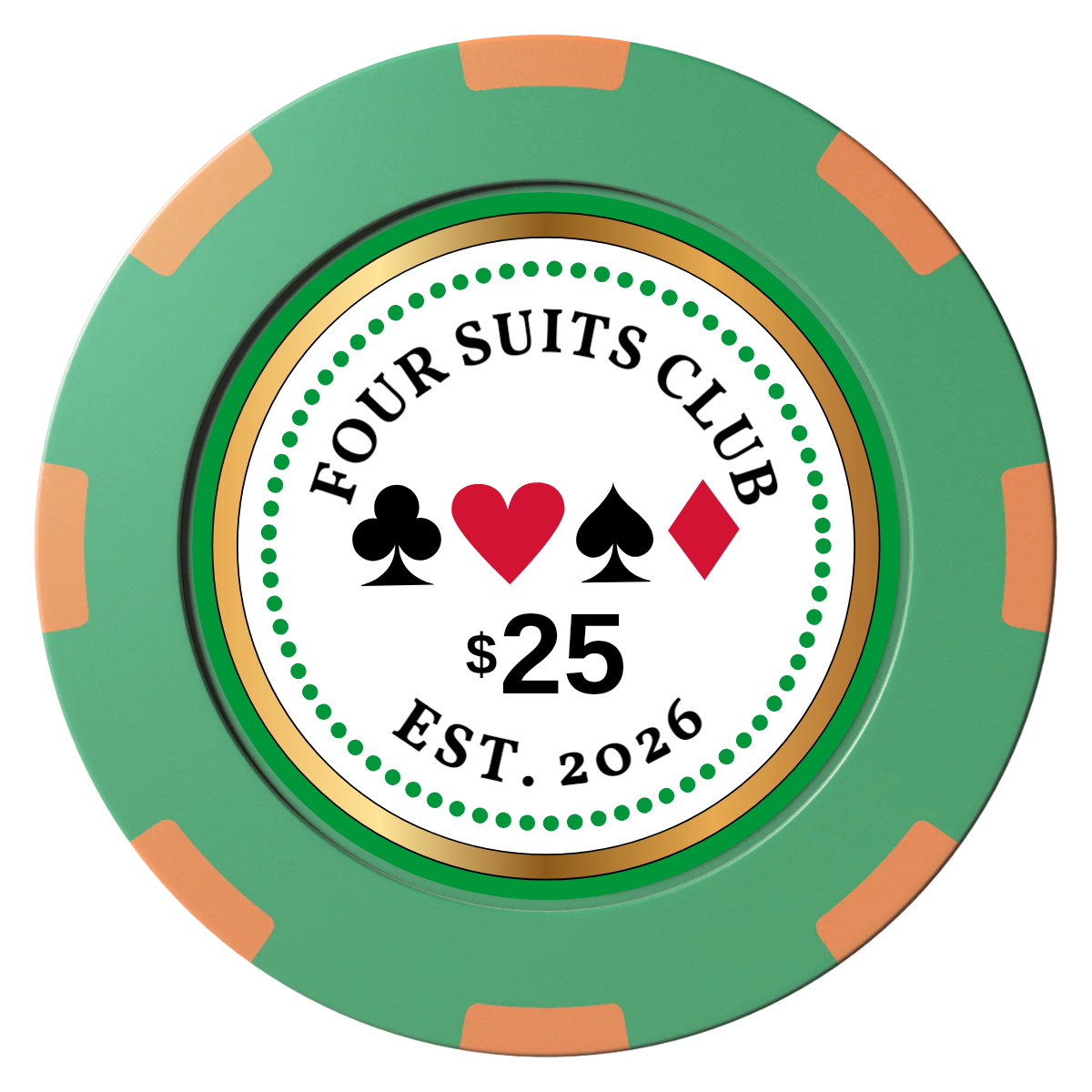 Fours Suits Club Clay Poker Chips - Green / 8 Spot (2 Tone) / 40mm - Front