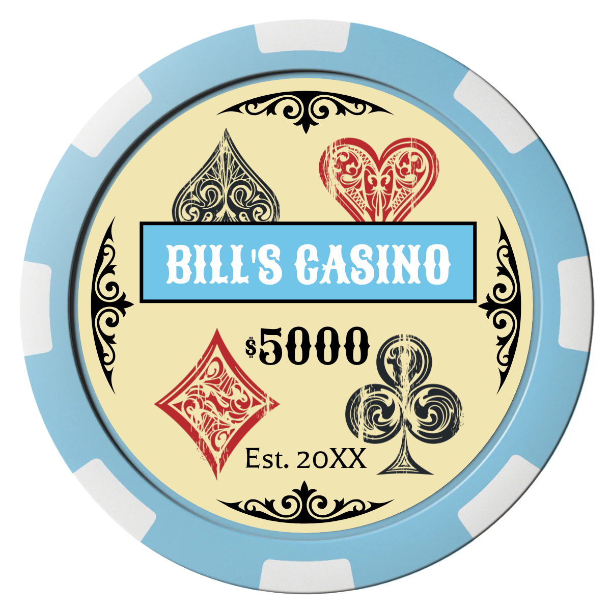 Vintage Four Suits Composite Poker Chips - Light Blue / 8 Spot - Front