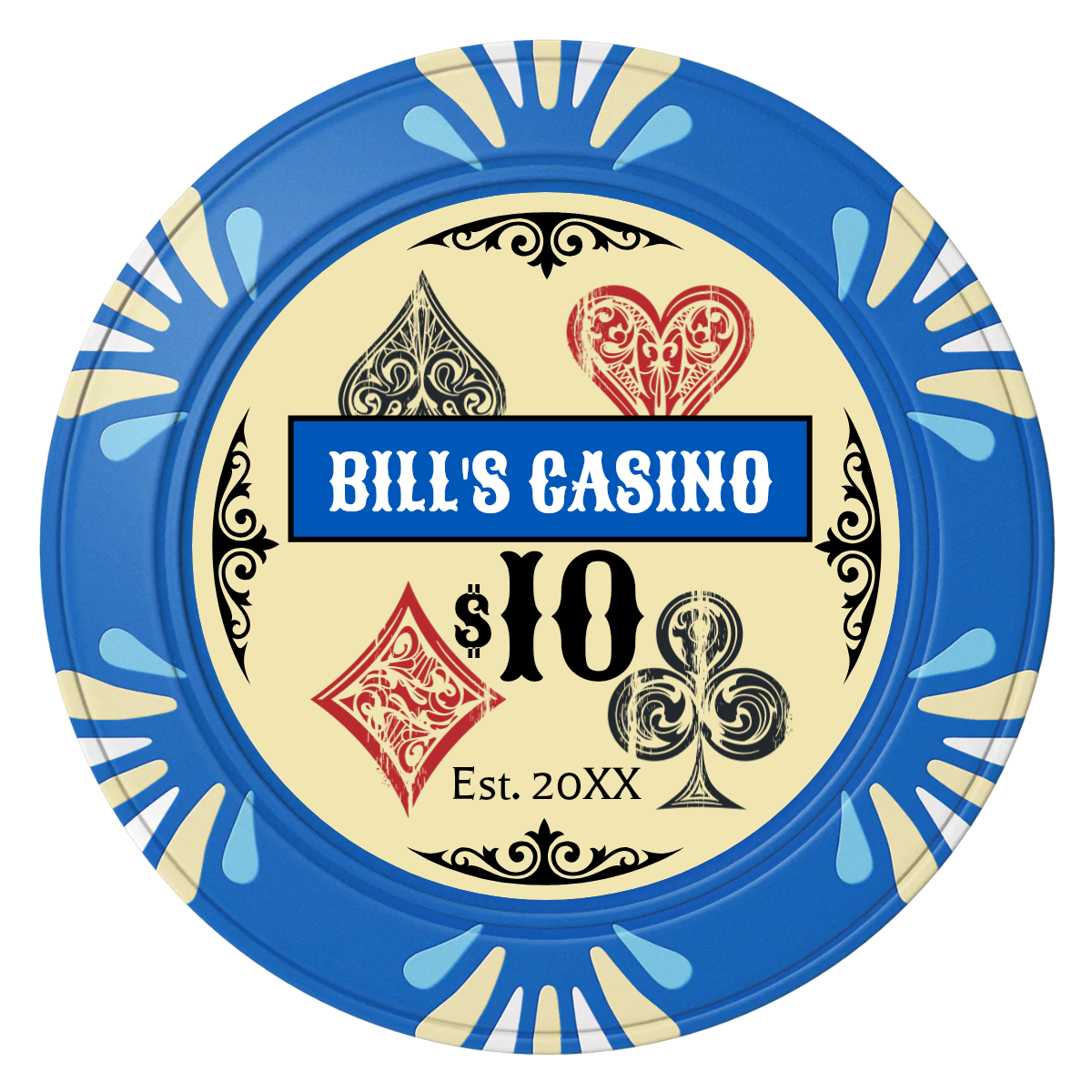 Vintage Four Suits Clay Poker Chips - Blue / Macau / 40mm - Back