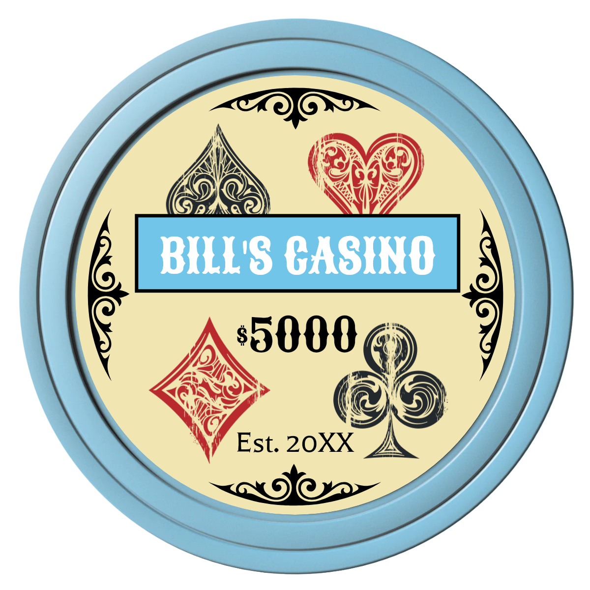 Vintage Four Suits Composite Poker Chips - Light Blue / Solid - Front