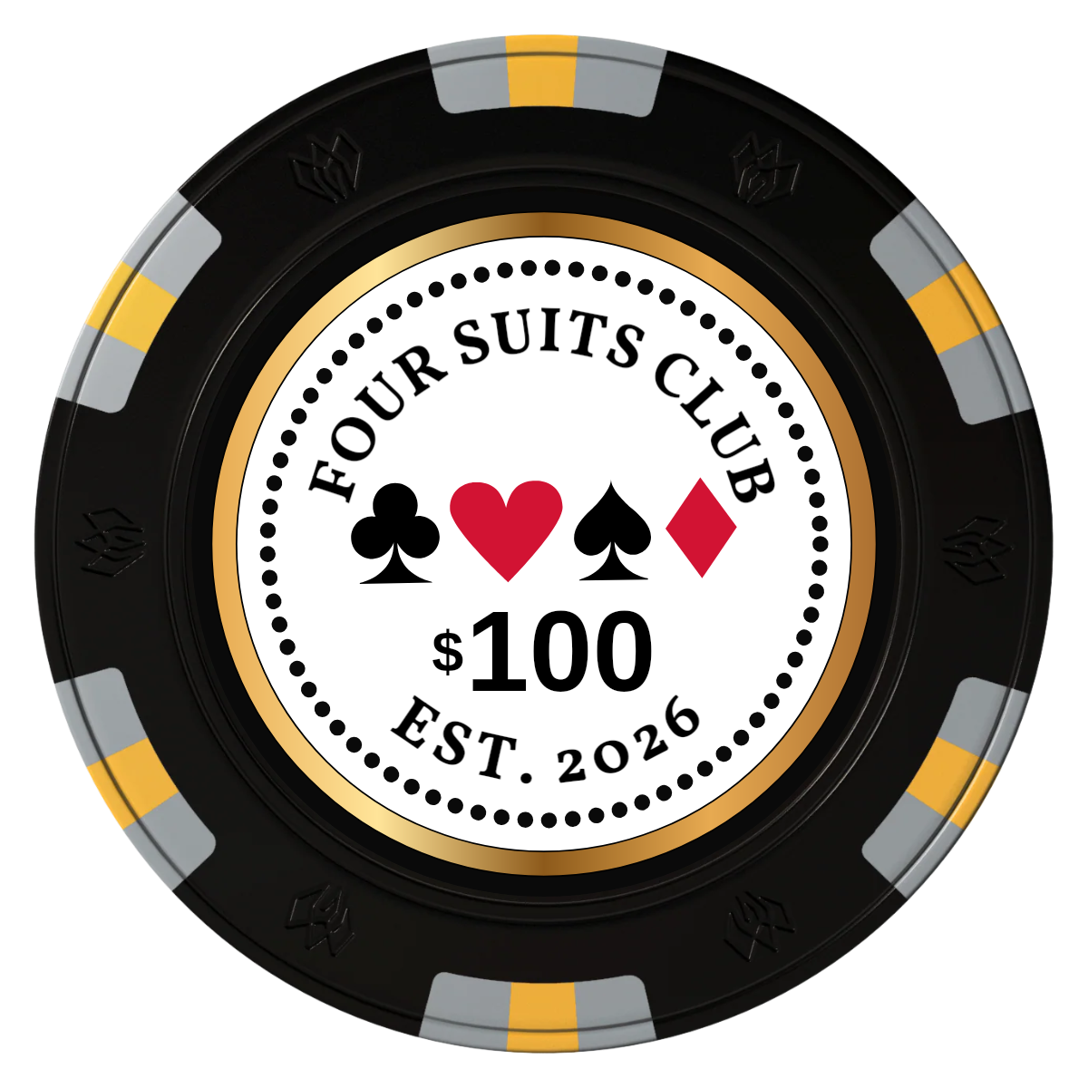 Fours Suits Club Clay Poker Chips - Black / 6 Spot Gem / 40mm - Front