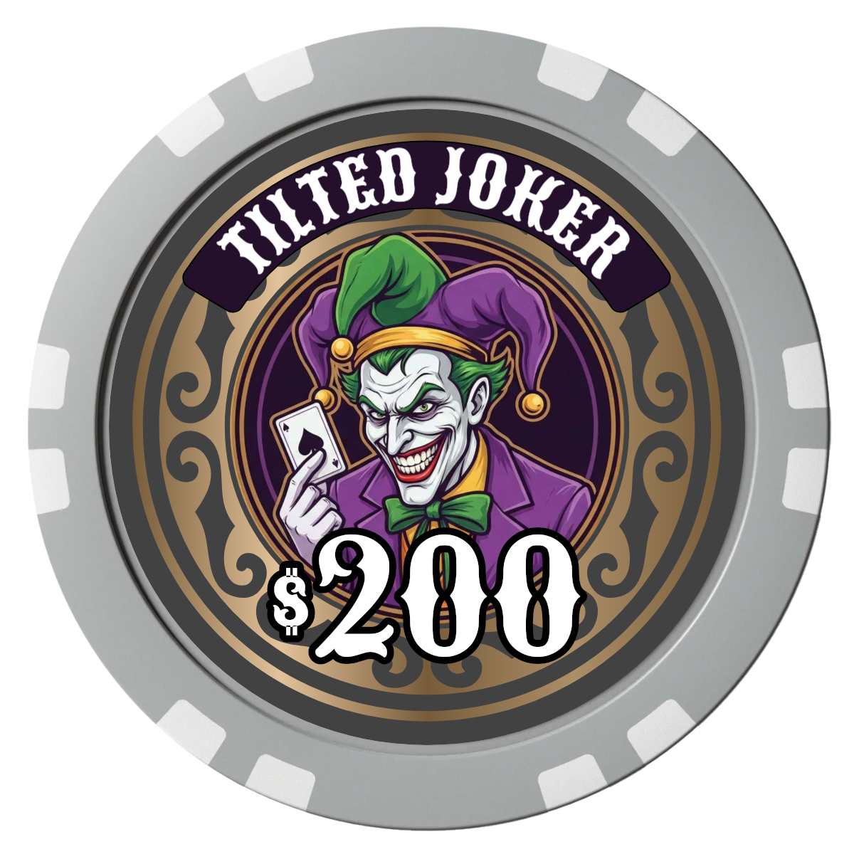 Tilted Joker Composite Poker Chips - Gray / Double Stripe - Front
