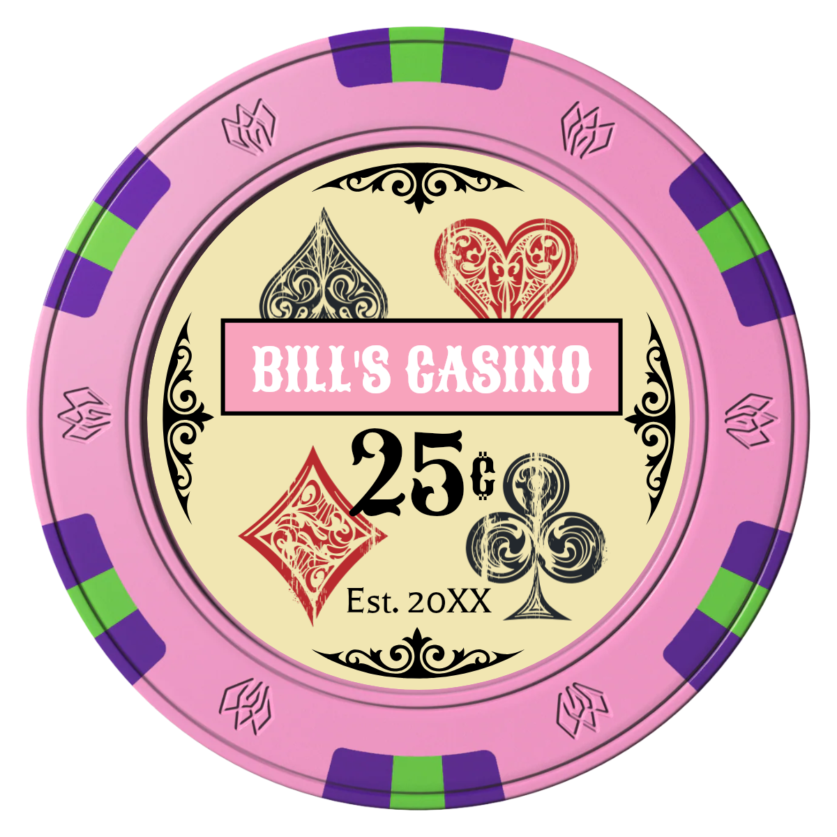 Vintage Four Suits Clay Poker Chips - Pink / 6 Spot Gem / 40mm - Front