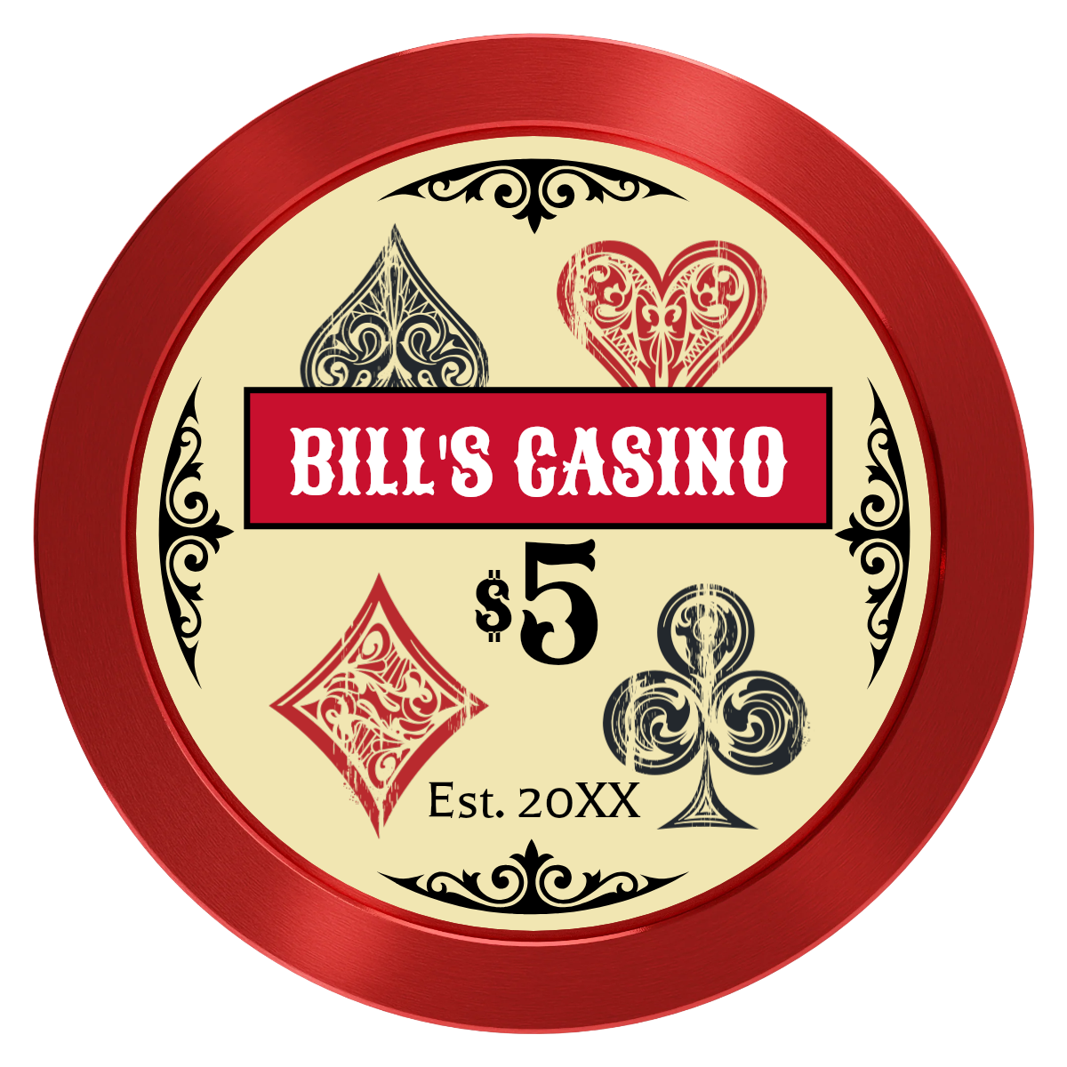 Vintage Four Suits Aluminum Poker Chips - Red - Front