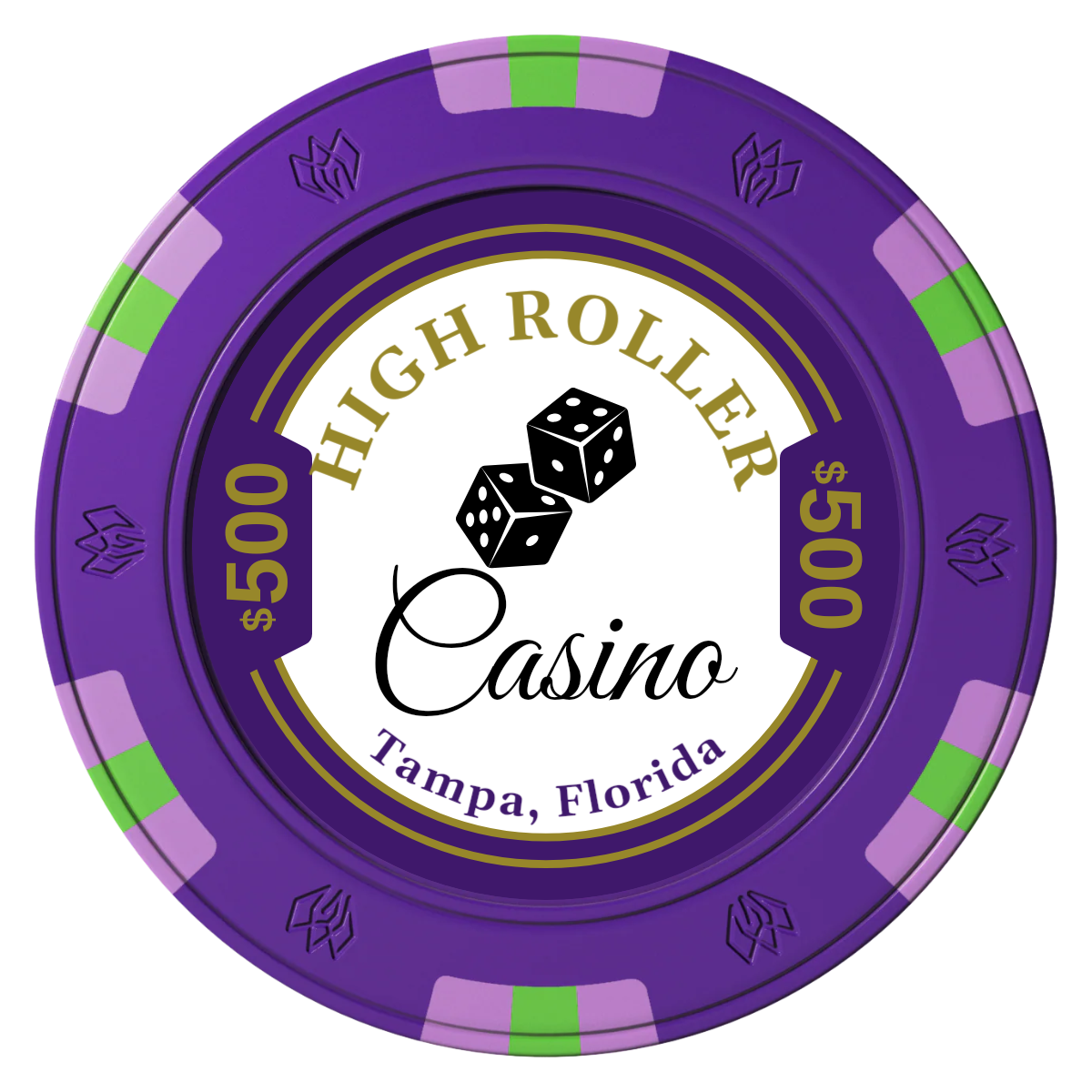 High Roller Casino Clay Poker Chips - Purple / 6 Spot Gem / 40mm - Front