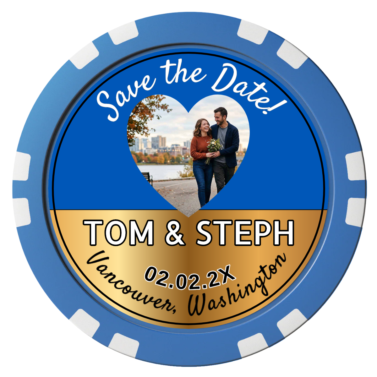Save the Date Hearts Composite Poker Chips - Blue / Double Stripe - Front